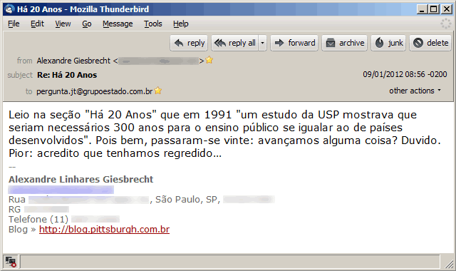 Carta original ao Jornal da Tarde em 2012